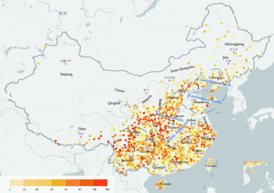 栓皮栎在中国种植的主要分布图